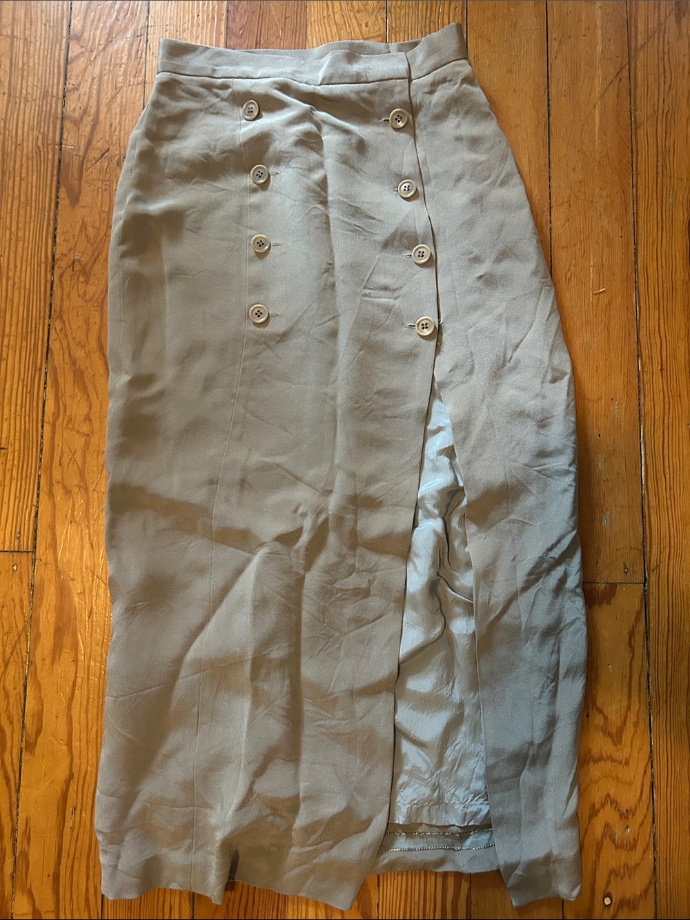 Anne Klein Silk Beige Button-Detail Maxi Skirt